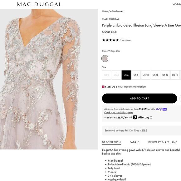 Mac‎ Duggal Size 8 Pastel Light Purple Floral Long Sleeve A-Line Maxi Dress Gown - Picture 2 of 8